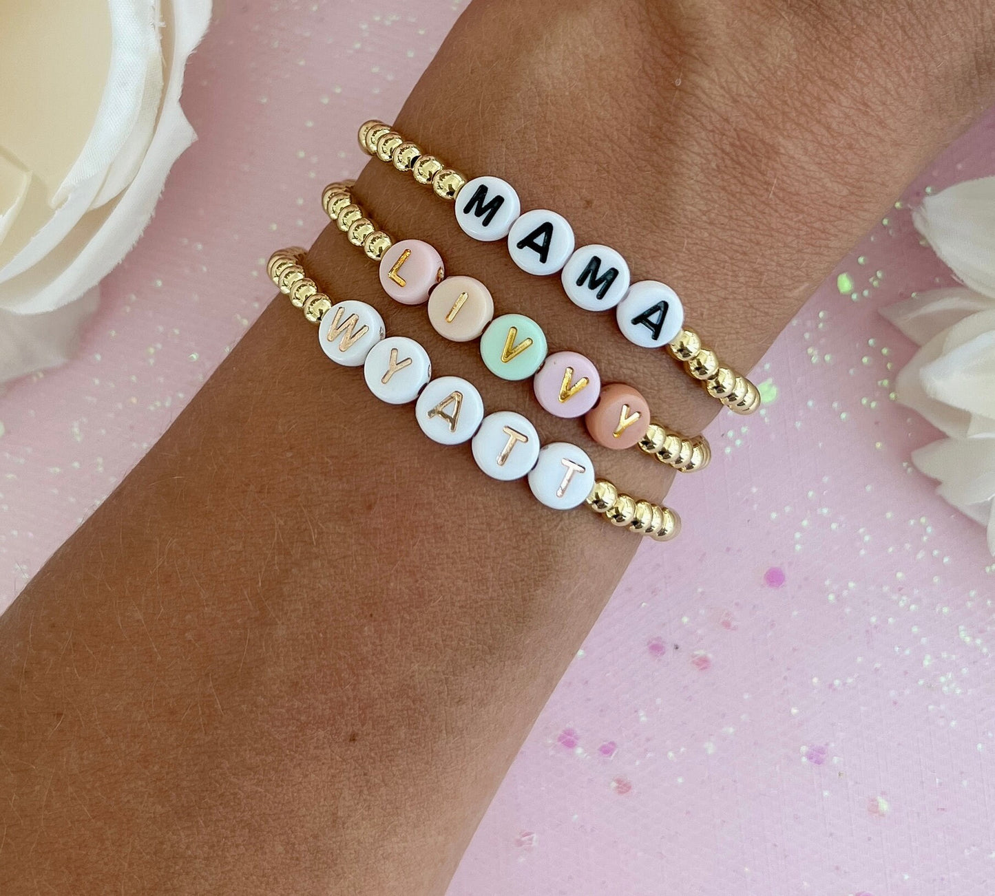 Mama bracelet gold stack kid name bead bracelet new mom custom gift gold name stack bracelet gold bead bracelet women personalized jewelry