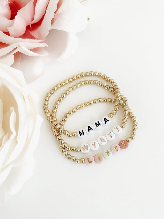 Mama bracelet gold stack kid name bead bracelet new mom custom gift gold name stack bracelet gold bead bracelet women personalized jewelry